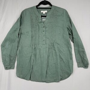 Coldwater Creek Linen Blouse Sage Green Pintuck Split Neck Top PM 18205